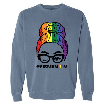 Proud Mom Messy Hair Bun Lgbtq Rainbow Flag Pride Ally Great Gift Garment-Dyed Sweatshirt