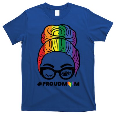 Proud Mom Messy Hair Bun Lgbtq Rainbow Flag Pride Ally Great Gift T-Shirt