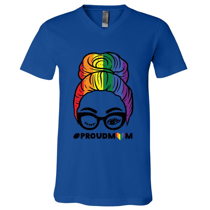 Proud Mom Messy Hair Bun Lgbtq Rainbow Flag Pride Ally Great Gift V-Neck T-Shirt