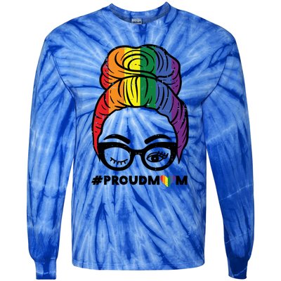 Proud Mom Messy Hair Bun Lgbtq Rainbow Flag Pride Ally Great Gift Tie-Dye Long Sleeve Shirt