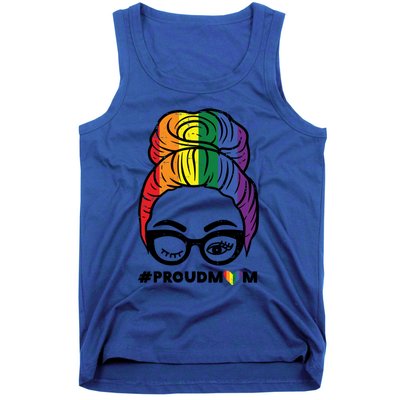 Proud Mom Messy Hair Bun Lgbtq Rainbow Flag Pride Ally Great Gift Tank Top