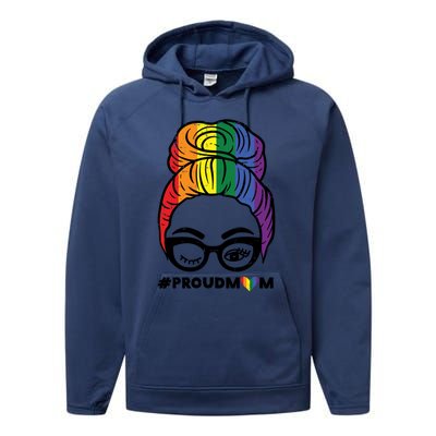 Proud Mom Messy Hair Bun Lgbtq Rainbow Flag Pride Ally Great Gift Performance Fleece Hoodie