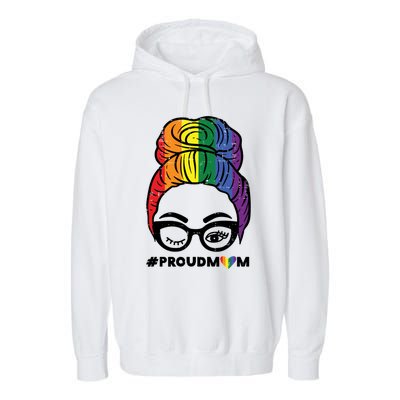 Proud Mom Messy Hair Bun Lgbtq Rainbow Flag Pride Ally Great Gift Garment-Dyed Fleece Hoodie