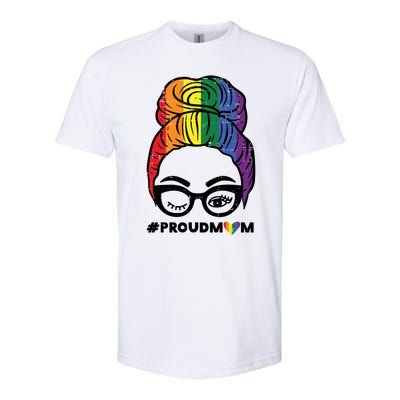 Proud Mom Messy Hair Bun Lgbtq Rainbow Flag Pride Ally Great Gift Softstyle CVC T-Shirt