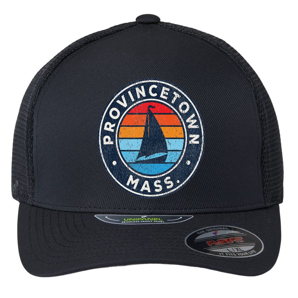 Provincetown Massachusetts Ma Vintage Sailboat Retro 70s Flexfit Unipanel Trucker Cap