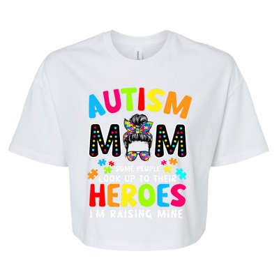 Puzzle Mommy Mama Autism Mom Raising Heroes Messy Bun Gift Bella+Canvas Jersey Crop Tee