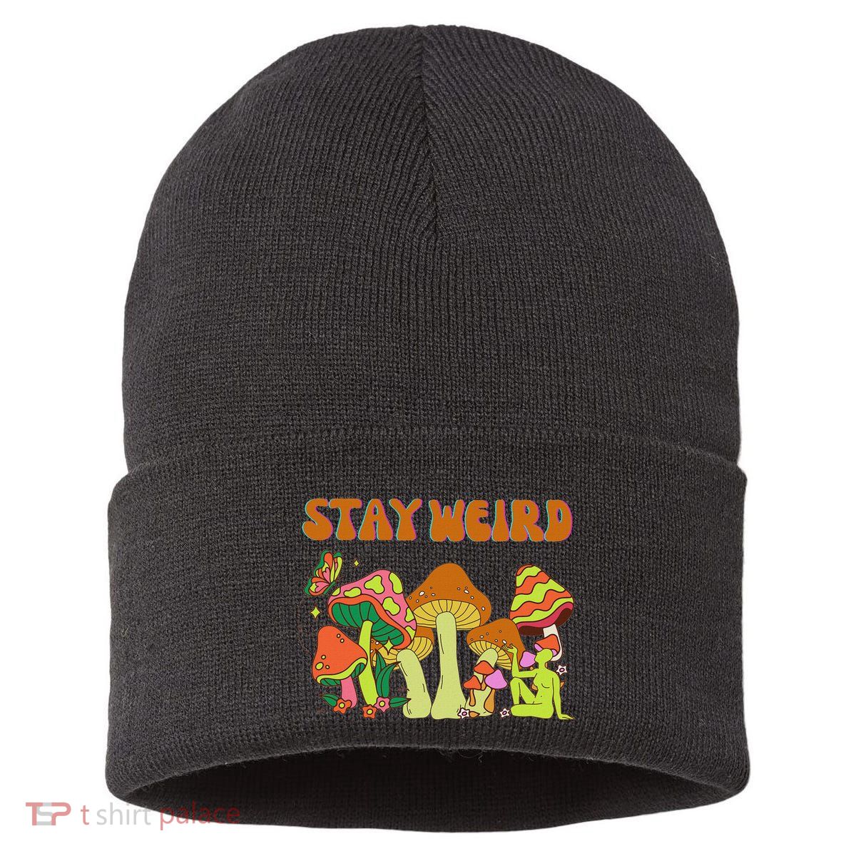 Psychedelic Magic Mushrooms Retro Vintage Stay Weird Sustainable Knit Beanie