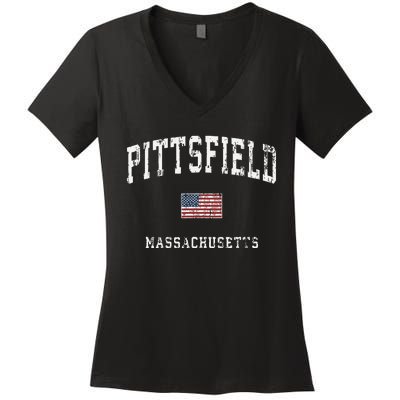 Pittsfield Massachusetts Ma Vintage American Flag Sports Women's V-Neck T-Shirt