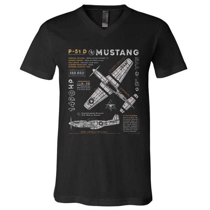 P51 Mustang North American Aviation Vintage Fighter Plane V-Neck T-Shirt