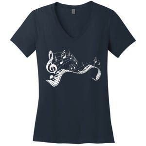 Pianist Music Notes Treble Clef Piano Player Keyboard Piano Women's V-Neck T-Shirt