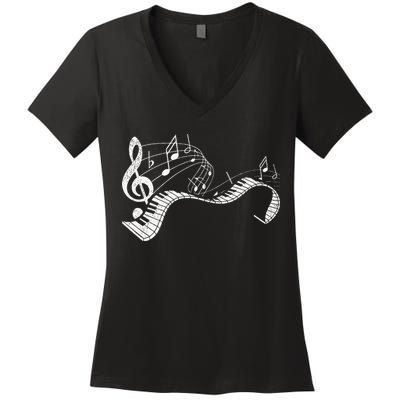 Pianist Music Notes Treble Clef Piano Player Keyboard Piano Women's V-Neck T-Shirt