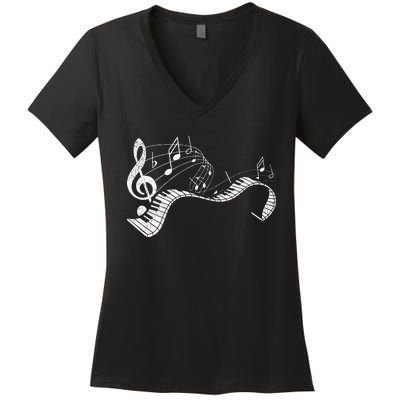 Pianist Music Notes Treble Clef Piano Player Keyboard Piano Women's V-Neck T-Shirt