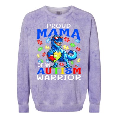 Proud Mama Of An Autism Warrior Dinosaur Funny Gift Colorblast Crewneck Sweatshirt