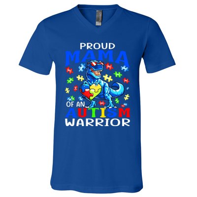 Proud Mama Of An Autism Warrior Dinosaur Funny Gift V-Neck T-Shirt