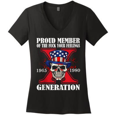 Proud Member Of The Fuck Your Feelings Generation X Skull Women's V-Neck T-Shirt
