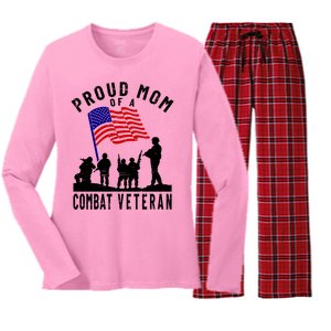 Proud Mom Of A Combat Veteran Retro Us Flag Military Family Gift Women's Long Sleeve Flannel Pajama Set 