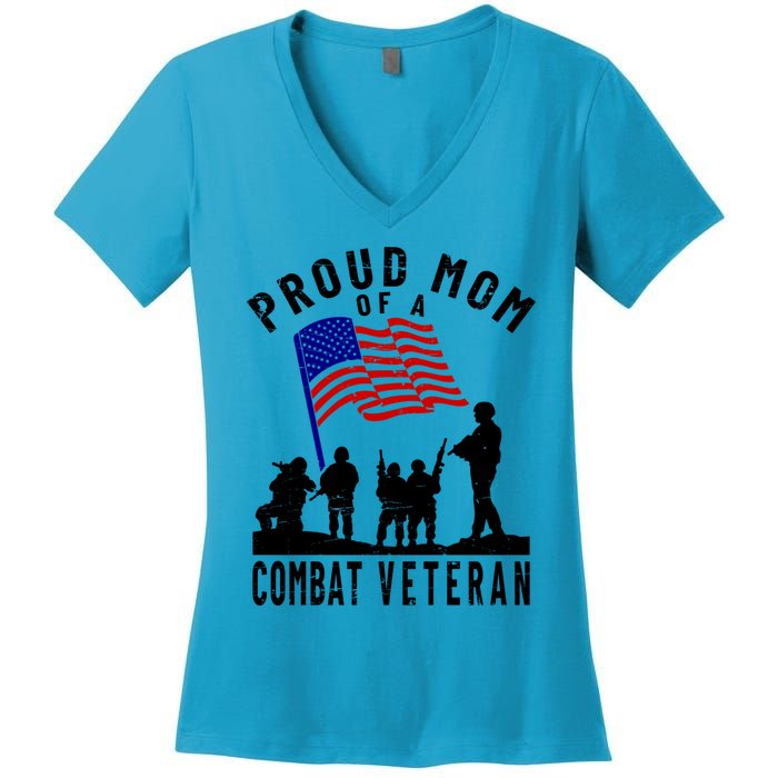 Proud Mom Of A Combat Veteran Retro Us Flag Military Family Gift Women's V-Neck T-Shirt