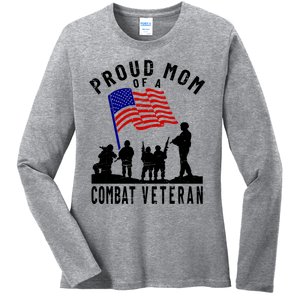 Proud Mom Of A Combat Veteran Retro Us Flag Military Family Gift Ladies Long Sleeve Shirt