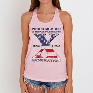 Proud Member Of The Fuck Your Feelings Generation 1965 1980 Gen X Women's Knotted Racerback Tank