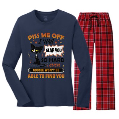 Piss Me Off I Will Slap You So Hard Funny Black Cat Sarcasm Women's Long Sleeve Flannel Pajama Set 