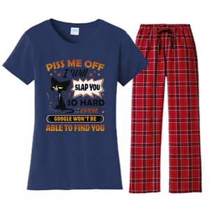 Piss Me Off I Will Slap You So Hard Funny Black Cat Sarcasm Women's Flannel Pajama Set