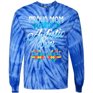 Proud Mom Of An Autistic Son Cute Gift Handprints Puzzle Tie-Dye Long Sleeve Shirt