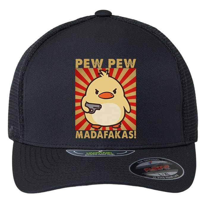 Pew Madafakas Pew Funny Meme Duck Goose Retro With Gun Flexfit Unipanel Trucker Cap