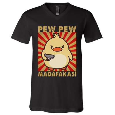 Pew Madafakas Pew Funny Meme Duck Goose Retro With Gun V-Neck T-Shirt