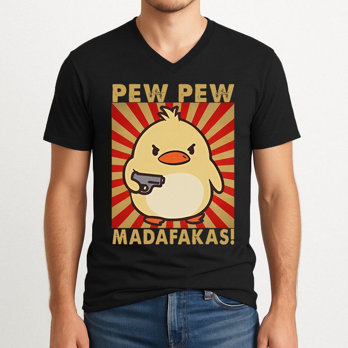Pew Madafakas Pew Funny Meme Duck Goose Retro With Gun V-Neck T-Shirt