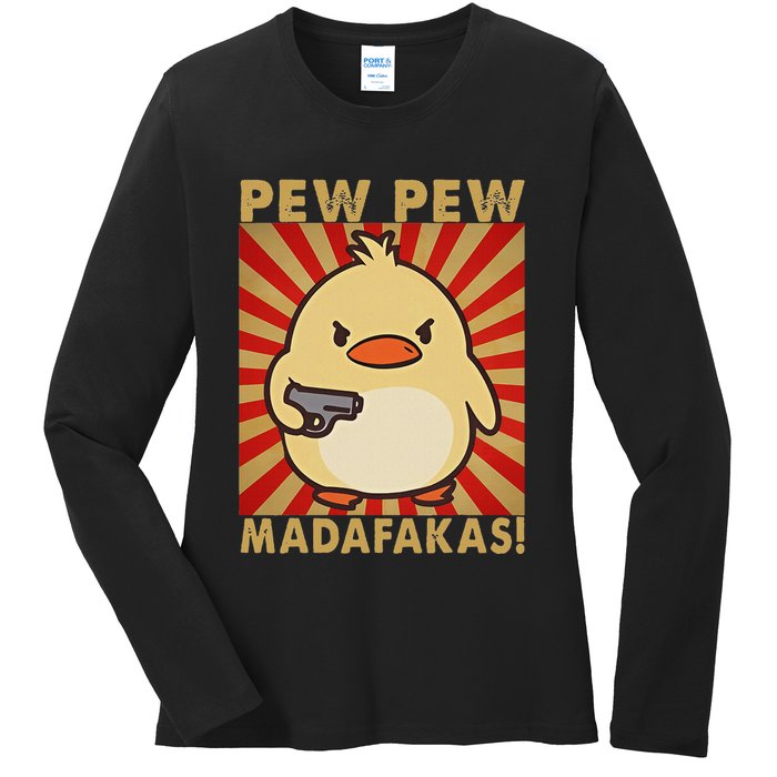 Pew Madafakas Pew Funny Meme Duck Goose Retro With Gun Ladies Long Sleeve Shirt
