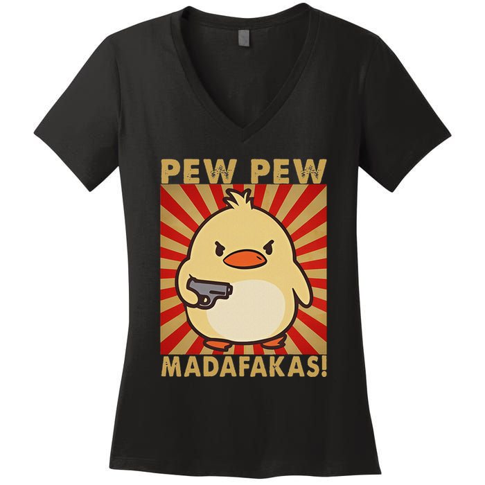Pew Madafakas Pew Funny Meme Duck Goose Retro With Gun Women's V-Neck T-Shirt