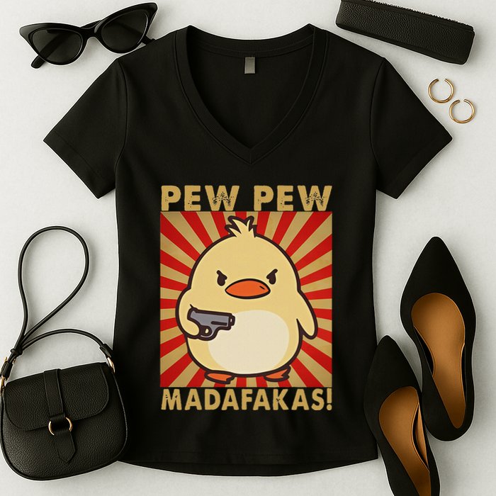Pew Madafakas Pew Funny Meme Duck Goose Retro With Gun Women's V-Neck T-Shirt