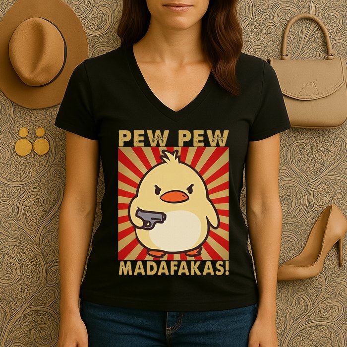 Pew Madafakas Pew Funny Meme Duck Goose Retro With Gun Women's V-Neck T-Shirt