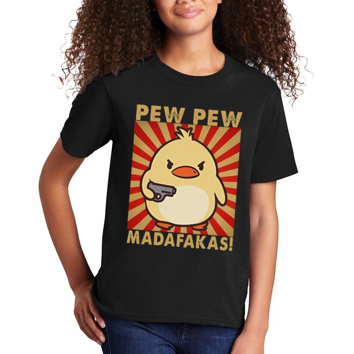 Pew Madafakas Pew Funny Meme Duck Goose Retro With Gun Kids T-Shirt