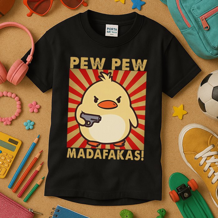 Pew Madafakas Pew Funny Meme Duck Goose Retro With Gun Kids T-Shirt