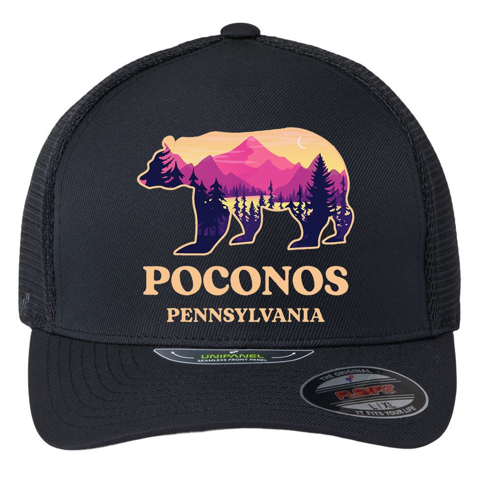 Poconos Mountains Pennsylvania Pa Bear Hiking Souvenirs Flexfit Unipanel Trucker Cap