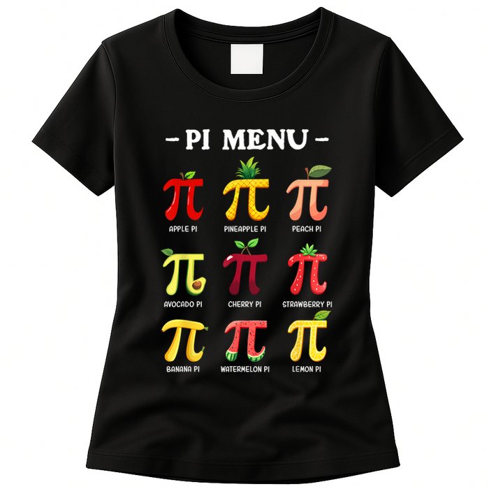 Pi Menu Pi Day 314 Math Teacher Pi Symbol Funny Pie Pun Womens T-Shirt