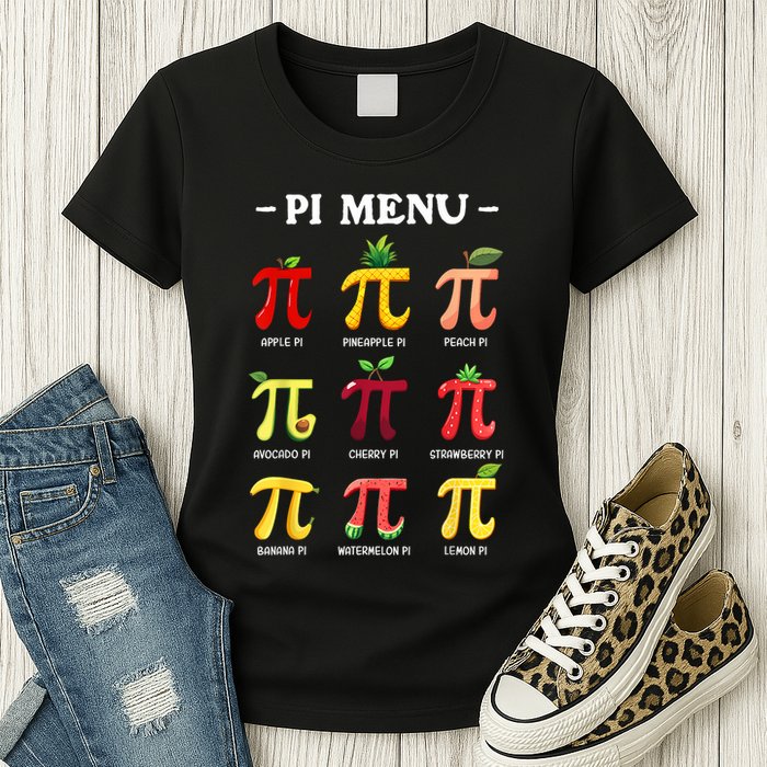 Pi Menu Pi Day 314 Math Teacher Pi Symbol Funny Pie Pun Womens T-Shirt