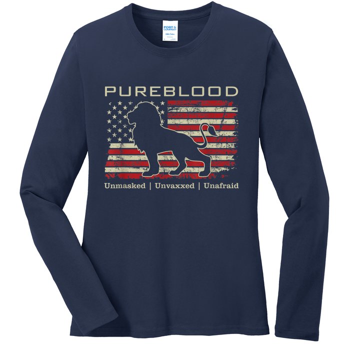 Pureblood Movement #Pureblood Medical Freedom Lion USA Flag Ladies Long Sleeve Shirt