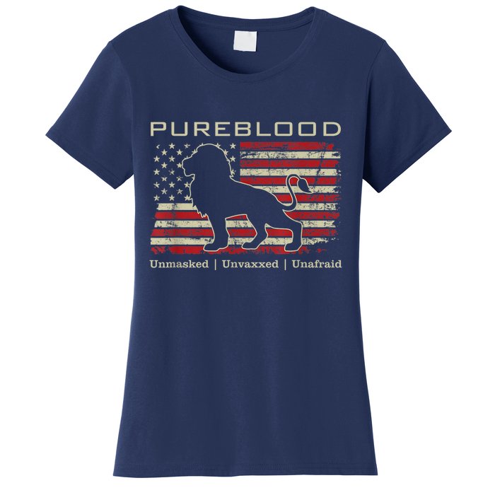 Pureblood Movement #Pureblood Medical Freedom Lion USA Flag Women's T-Shirt