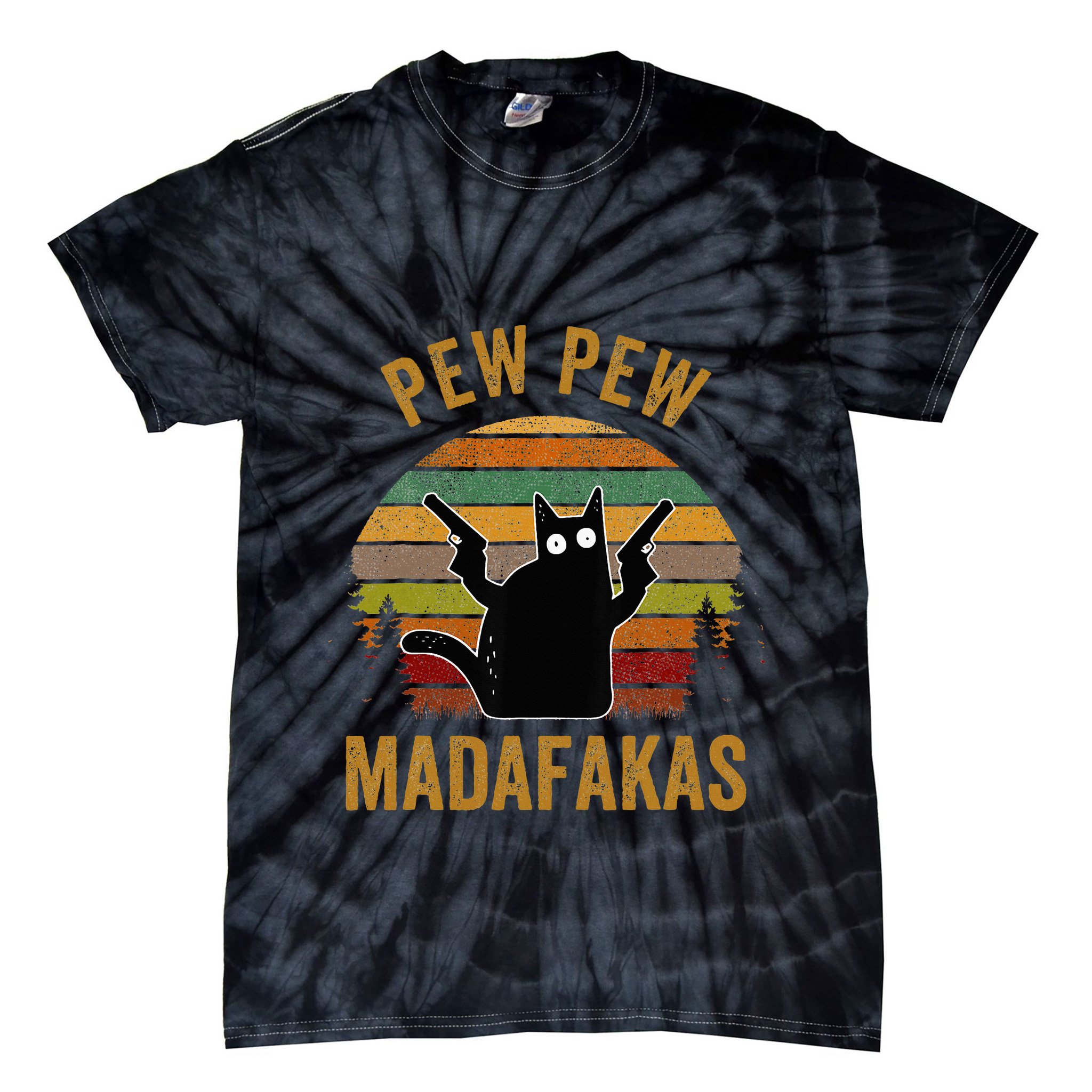 Pew Madafakas Pew Guns Funny Black Cat Retro Vintage Tie-Dye T-Shirt