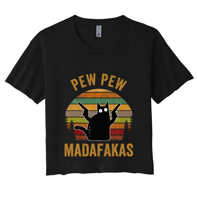 Pew Madafakas Pew Guns Funny Black Cat Retro Vintage Crop Top