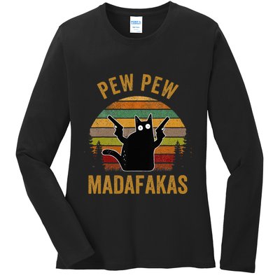 Pew Madafakas Pew Guns Funny Black Cat Retro Vintage Ladies Long Sleeve Shirt