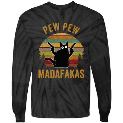 Pew Madafakas Pew Guns Funny Black Cat Retro Vintage Tie-Dye Long Sleeve Shirt