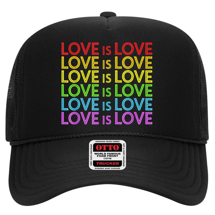 Pride March Rainbow LGBT Equality Love Is Love Gay Lesbian High Crown Mesh Back Trucker Hat