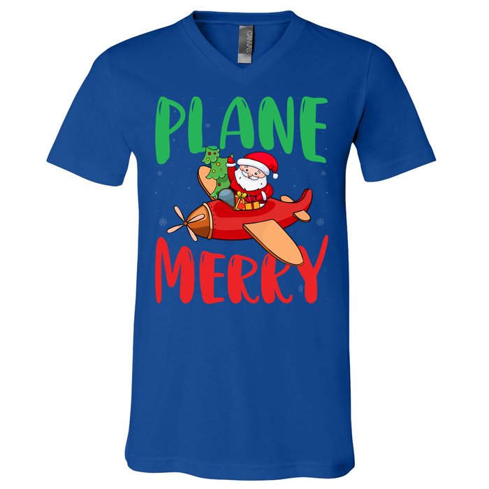 Plane Merry Santa Airplane Pilot Xmas Holiday Christmas Gift V-Neck T-Shirt