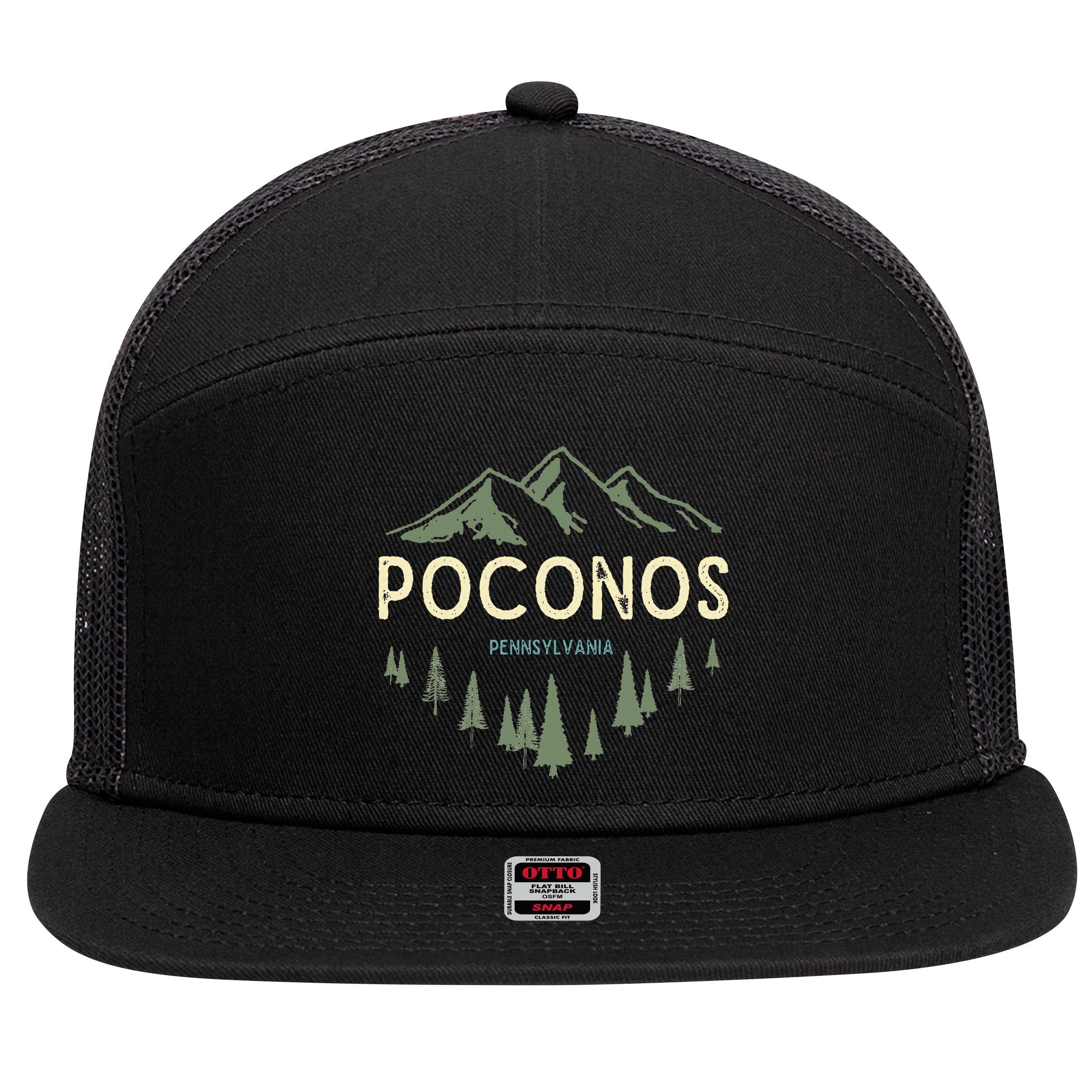 Pocono Mountains Souvenir Poconos Pennsylvania 7 Panel Mesh Trucker Snapback Hat
