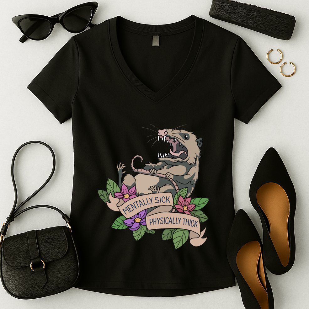 Possum Mentally Sick Physically Thick Women's V-Neck T-Shirt