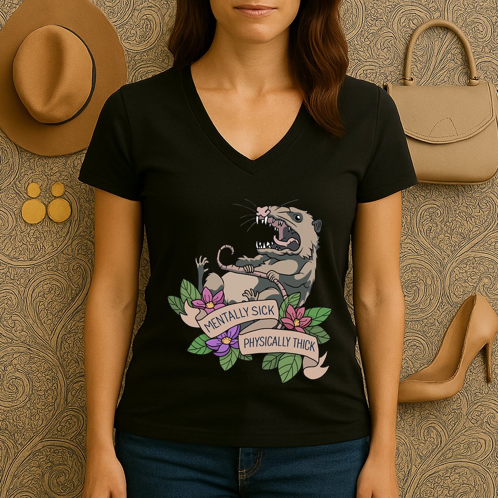 Possum Mentally Sick Physically Thick Women's V-Neck T-Shirt