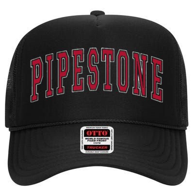 Pipestone Minnesota Souvenir College Style Red Text High Crown Mesh Back Trucker Hat